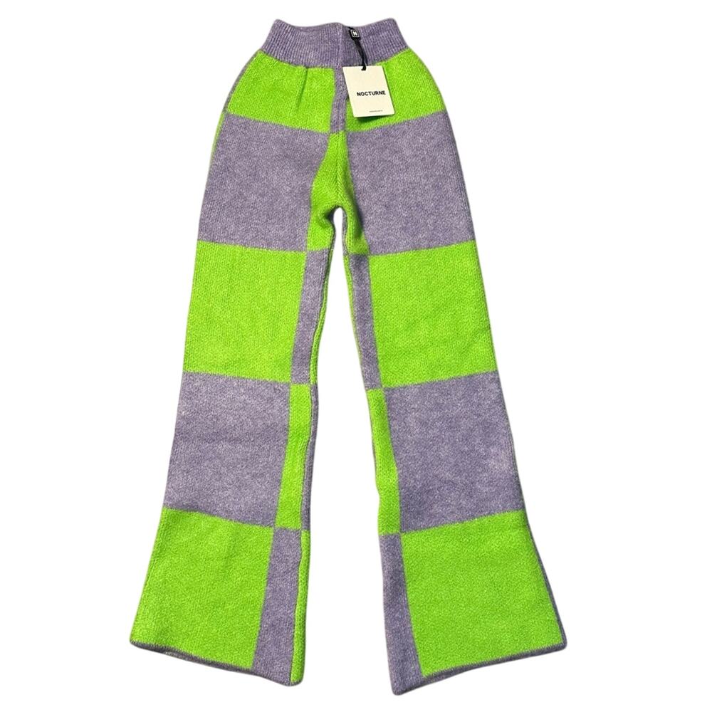 Nocturne Lime Green & Gray Check Wide Leg High Waisted Sweater Pants NEW